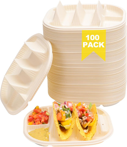 Small Disposable Taco Plates With Dipping Sides - 50 Pack, Biodegradable Cornstarch Taco Holder, Mini Size Fit 4-6 Inch Street Tortilla Shells, Sturdy & Microwave Safe, Bar Serving Set For A Party