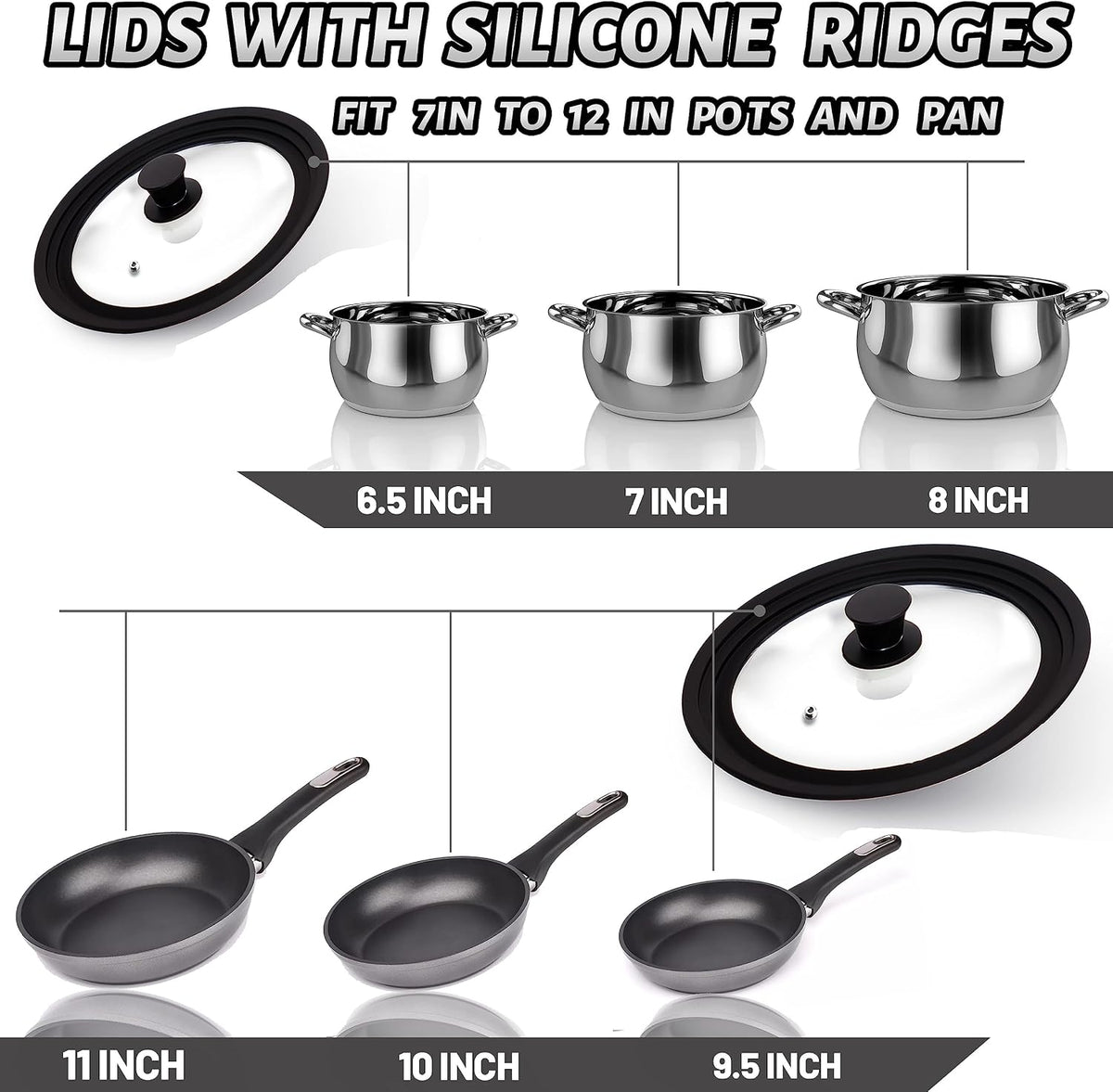 Lerykin Tempered Glass Lid - Universal Lid with Heat Resistant Silicone Rim for Pots, Pans and Skillets - Pan Cover Replacement Lid Fits 9.5", 10" and 11" Diameter Cookware