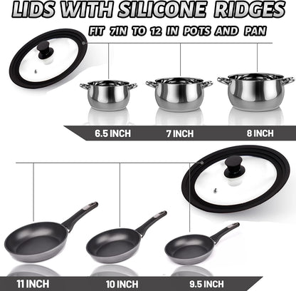 Lerykin Tempered Glass Lid - Universal Lid with Heat Resistant Silicone Rim for Pots, Pans and Skillets - Pan Cover Replacement Lid Fits 9.5", 10" and 11" Diameter Cookware