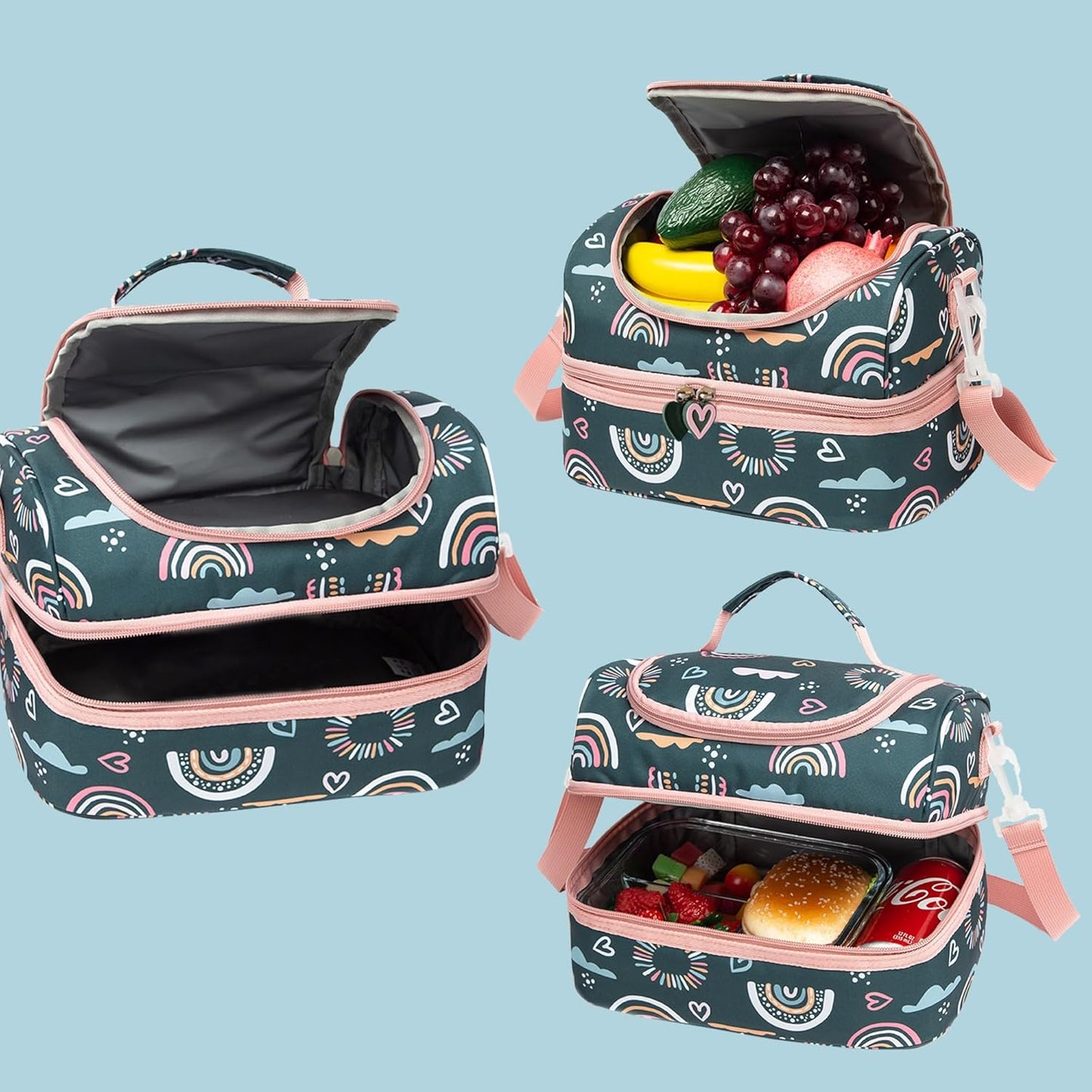 Insulated Kids Dual Compartment Lunch Bags Tote Pack for Girls Boys Toddler Kindergarten School Picnic Cooler Thermal Lunch Boxes with Strap (Green Rainbow)