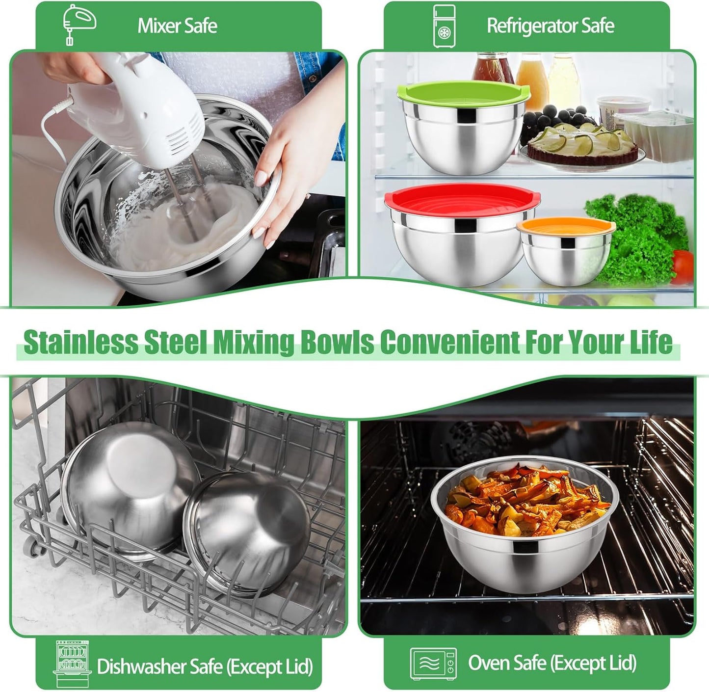 P&P CHEF Black Mixing Bowls with Lids, Set of 3, Stainless Steel Salad Nesting Bowl for Mixing, Storing, Prepping, Airtight & Stackable, Size 4.6/3 /1.5 QT