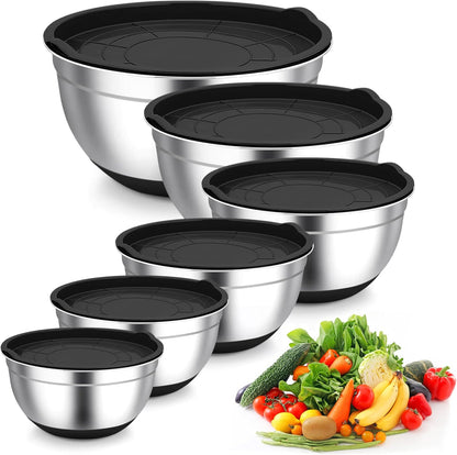 TeamFar Mixing Bowls, Stainless Steel Mixing Bowls with Lids, Nesting Salad Bowls with Air-tight Lids & Non-slip Bottom, Dishwasher Safe & Stackable, Set of 6-4.6/2.6/2 / 1.5/1 / 0.7 Qt