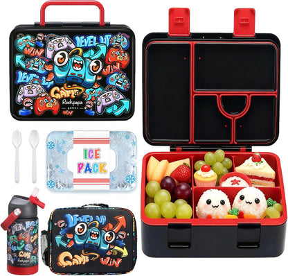 rockpapa Chill Kids Lunch Box Set with Leakproof 5.5 Cups Bento Box, Reusable Ice Pack, 14oz Insulated Water Bottle & Lunch Bag, BPA-Free Microwave Safe for School Boys Girls (Black Games)