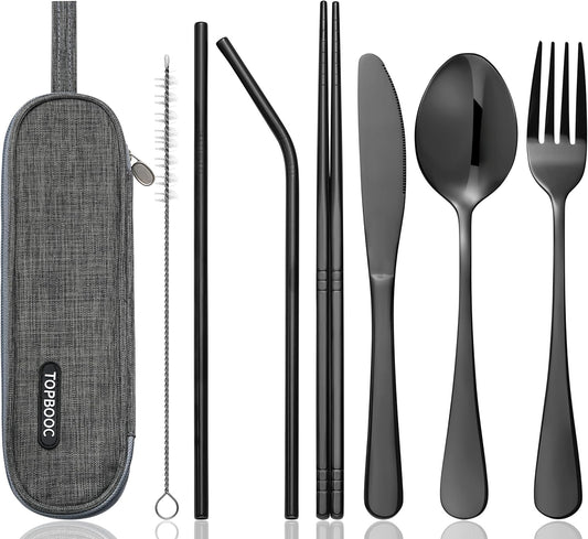 Portable Stainless Steel Flatware Set, Travel Camping Cutlery Set, Portable Utensil Travel Silverware Dinnerware Set with a Waterproof Case (Pink)