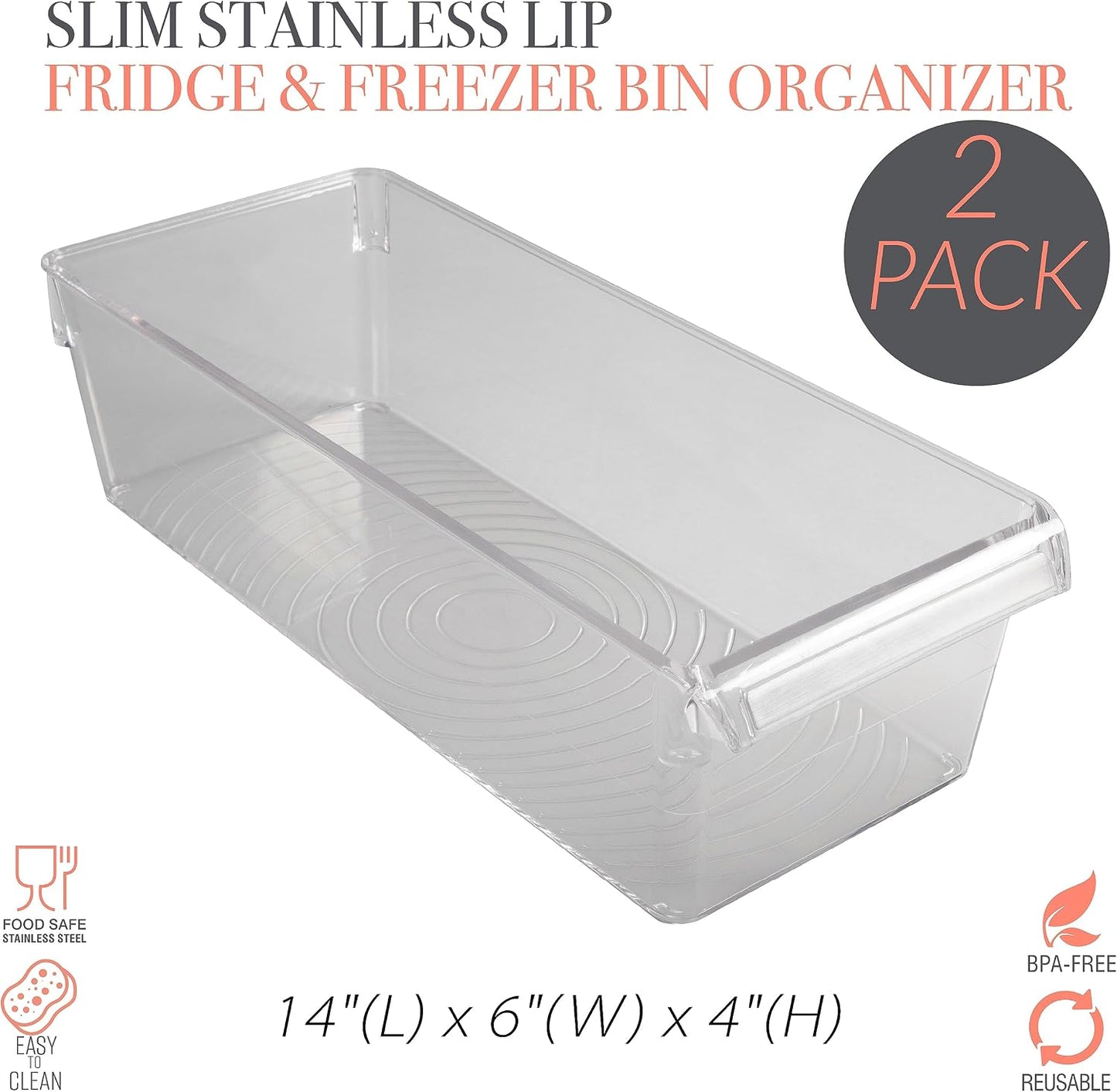 Kitchen Details 2 Pack Medium Refrigerator Storage Bin | Fridge & Freezer | Kitchen Organization | Stainless Steel Handle | Countertop | Cabinets | Pantry | Clear