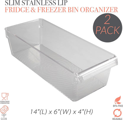 Kitchen Details 2 Pack Medium Refrigerator Storage Bin | Fridge & Freezer | Kitchen Organization | Stainless Steel Handle | Countertop | Cabinets | Pantry | Clear