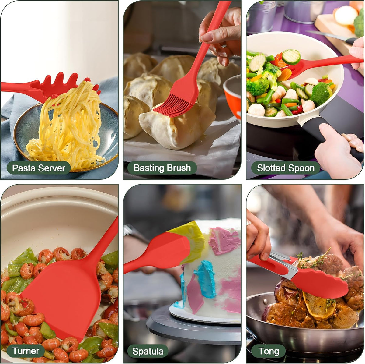 E-far Silicone Cooking Spoon Set of 2, Heat Resistant Kitchen Spoons Utensils Nonstick Mixing Spoon for Baking Stirring Serving, Non-Toxic & Dishwasher Safe (Black)