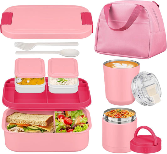 Large Bento Lunch Box Set for Adults Kids Women with 10.5oz Soup Thermo,Coffee Tumblers Men Girls Boys Teenagers Leak-Proof Lunch Food Containers with Lunch Bag