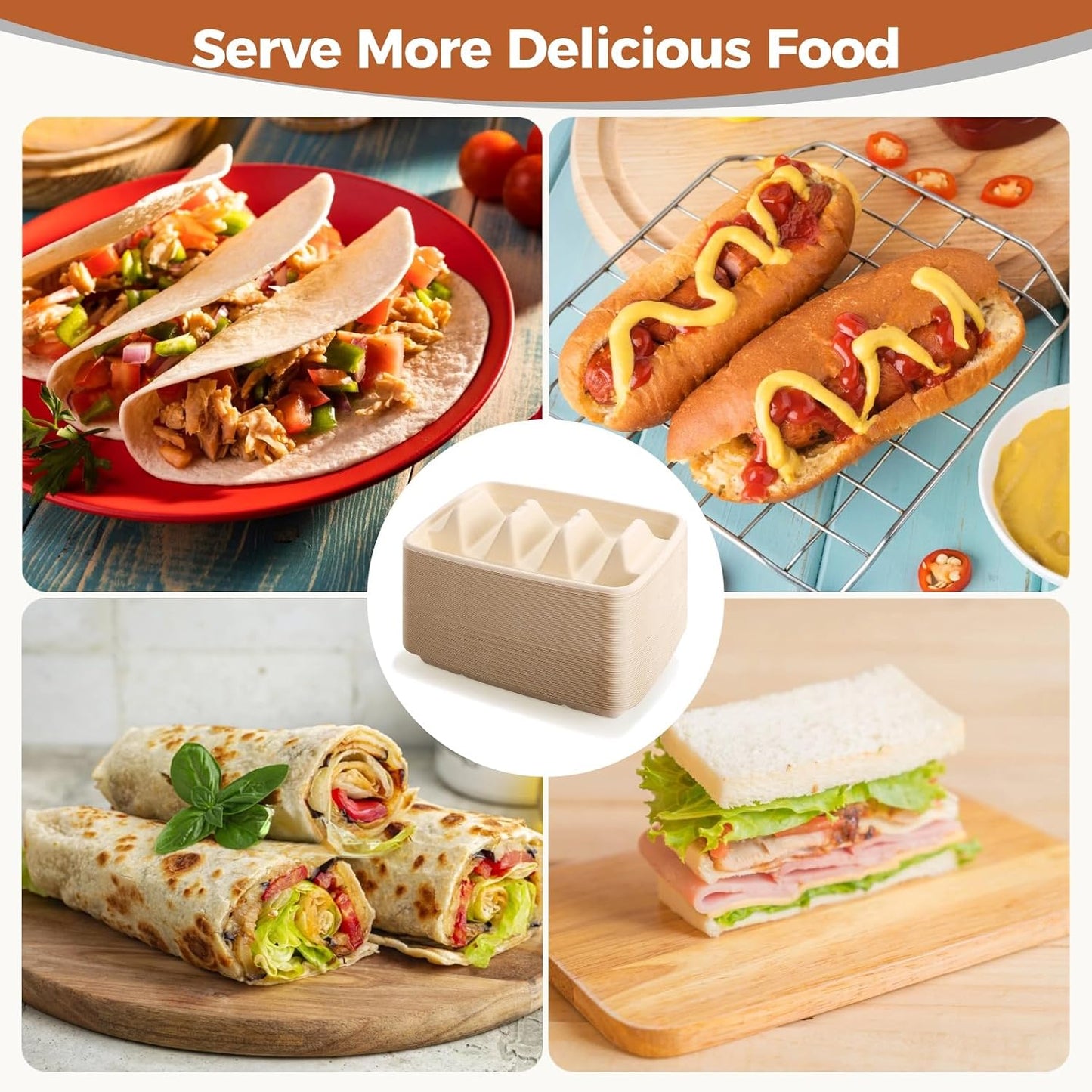 150 PCS Disposable Taco Holders, 3-Slot Bagasse Pulp Taco Plates, Plant Fiber Taco Stands with Dividers, Taco Tuesday Serving Trays for Tacos, Sandwiches, Hot Dogs, Pancakes