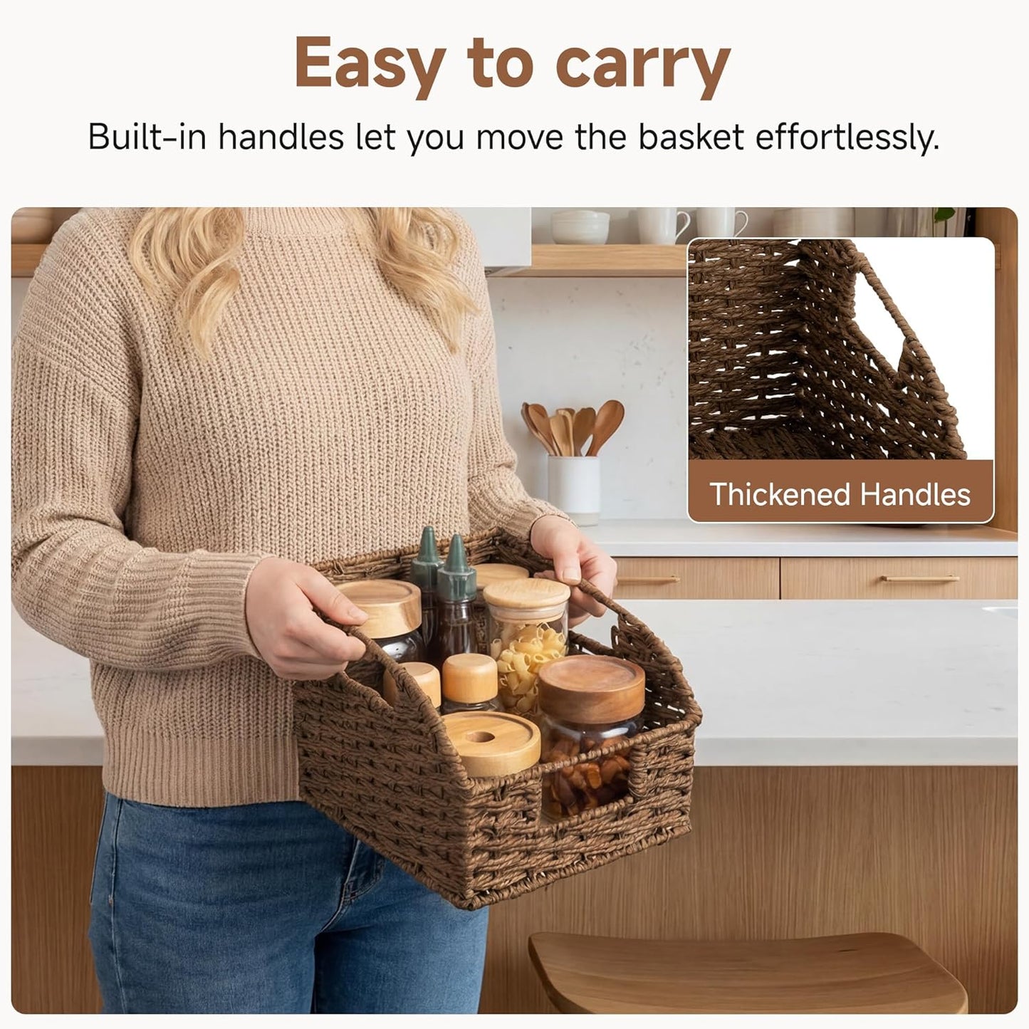 StorageWorks Water Hyacinth Pantry Storage Baskets, Wicker Baskets with Built-in Handles, Handwoven Shelf Baskets for Organizing, Pantry Organizers and Storage, 3 Pack