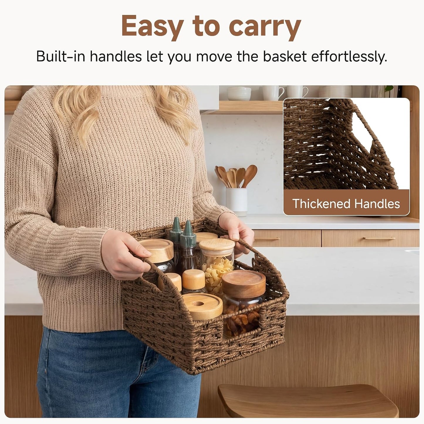 StorageWorks Water Hyacinth Pantry Storage Baskets, Wicker Baskets with Built-in Handles, Handwoven Shelf Baskets for Organizing, Pantry Organizers and Storage, 3 Pack