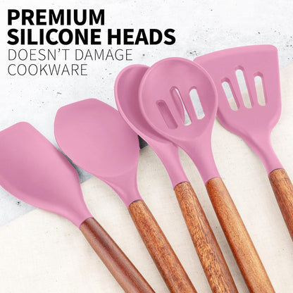 Zulay Kitchen Utensils Set Non-Stick Silicone Cooking Utensils Set with Authentic Acacia Wood Handles - 5 Piece Silicone Utensil Set - Kitchen Utensils Set with 464°F Heat Resistance - Gray
