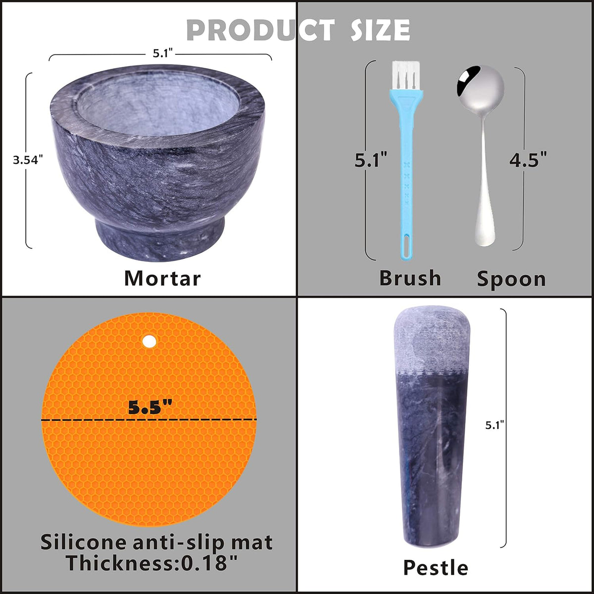 Mortar and Pestle Set Polished Natural Marble Guacamole Molcajete Bowl, Spices Grinder with Silicone Pad, Stainless Steel Spoon and Brush, 300ml Capacity Crusher(Medium, Dark Gray)