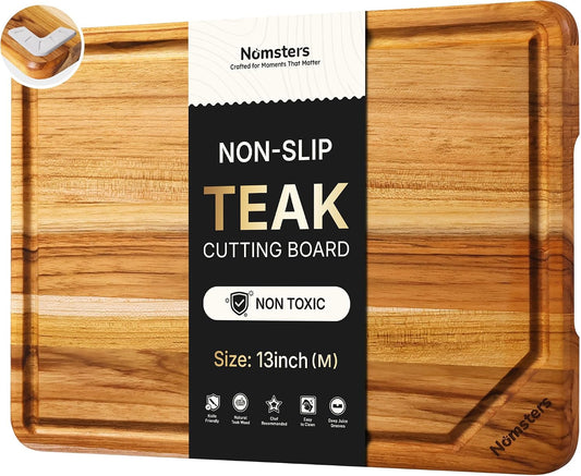 3 Pack Teak Wood Cutting Board Set with Holder Non Slip Over Sink Wooden Chopping Board for Fresh Meat Vegetable Thick Haus Perfect for Charcuterie Juice Groove Kitchen Accessories - FSC Certified