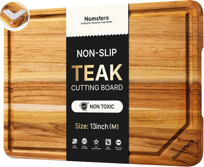 3 Pack Teak Wood Cutting Board Set with Holder Non Slip Over Sink Wooden Chopping Board for Fresh Meat Vegetable Thick Haus Perfect for Charcuterie Juice Groove Kitchen Accessories - FSC Certified