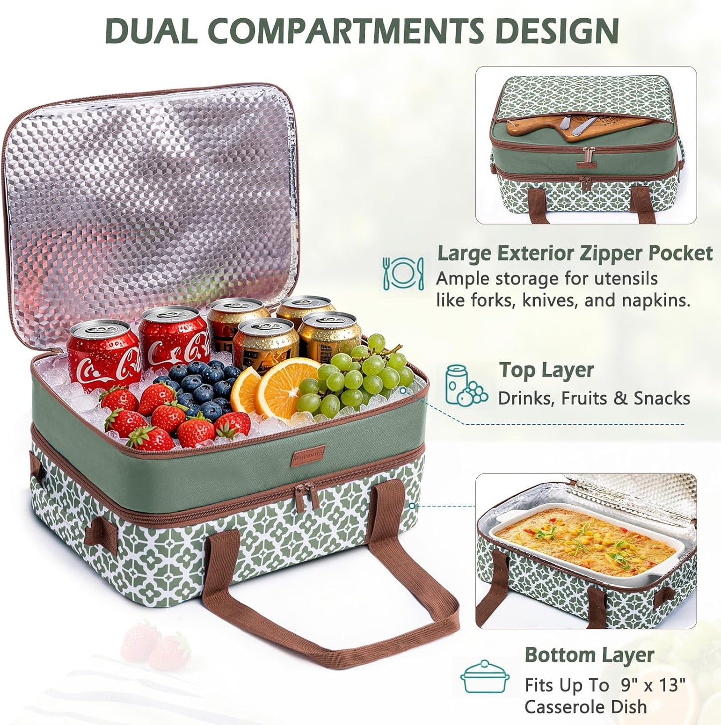 Double Layer Insulated Casserole Carrier, Fits 9" x 13" Baking Dish, Food Transport Carrier with Utensil Pocket for Hot & Cold Dishes, Reusable Potluck Tote for Thanksgiving, Parties&Family Gatherings