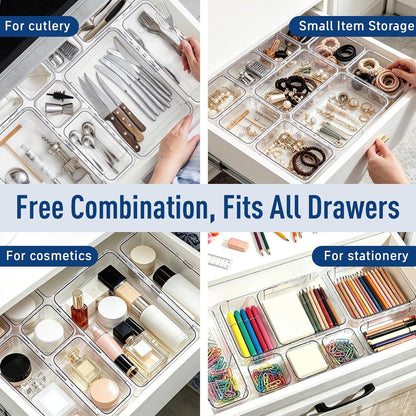 15-Piece Expandable Drawer Organizer Set, Clear 2-Size Bins | 15-piece set, clear expandable bins, 2 sizes, for makeup, vanity, desk and kitchen drawers