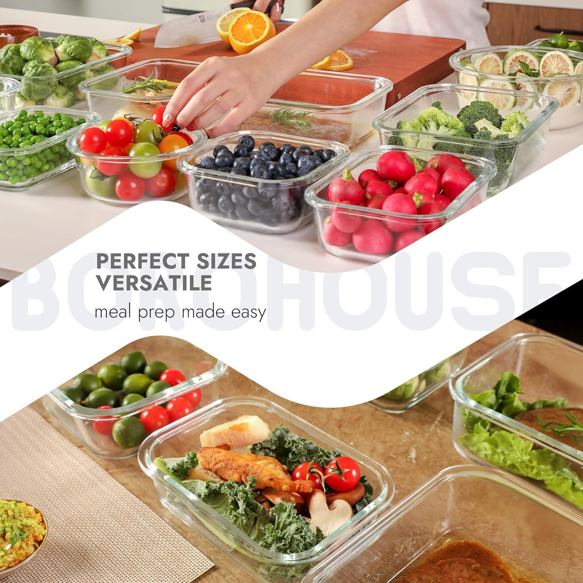 5-Pack Borosilicate Glass Containers with Tempered Glass Lids, 35.2oz/4.4 Cup Airtight Meal Prep Set, Microwave/Freezer Safe (Gray)
