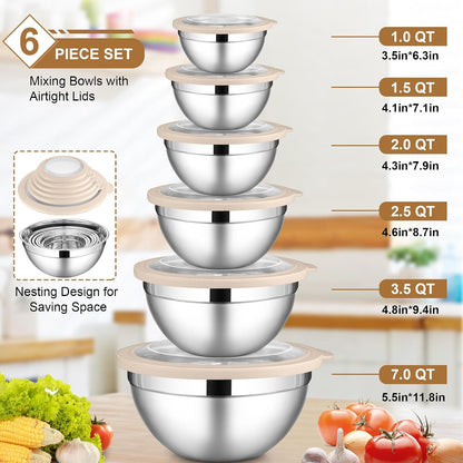 LIANYU Stainless Steel Mixing Bowls Sets of 6, Large 7, 3.5, 2.5, 2, 1.5, 1QT Size with Transparent Airtight Lids, Metal Nesting Serving Bowl Sets for Home Kitchen, Dishwasher & Freezer Safe, Black