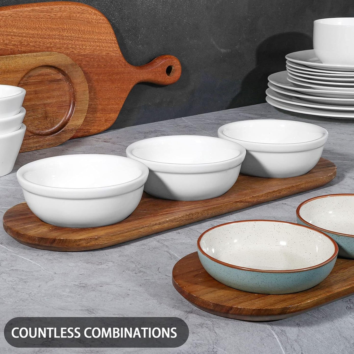 Artena 6oz Turquoise Solid Ceramic Chips and Dip Serving Platter with Acacia Wooden Tray, 4.5inch Glazing Small Serving Bowls/Dipping Dishes for Condiments,Side Dishes, Dipping, Pre, Dessert, Salsa