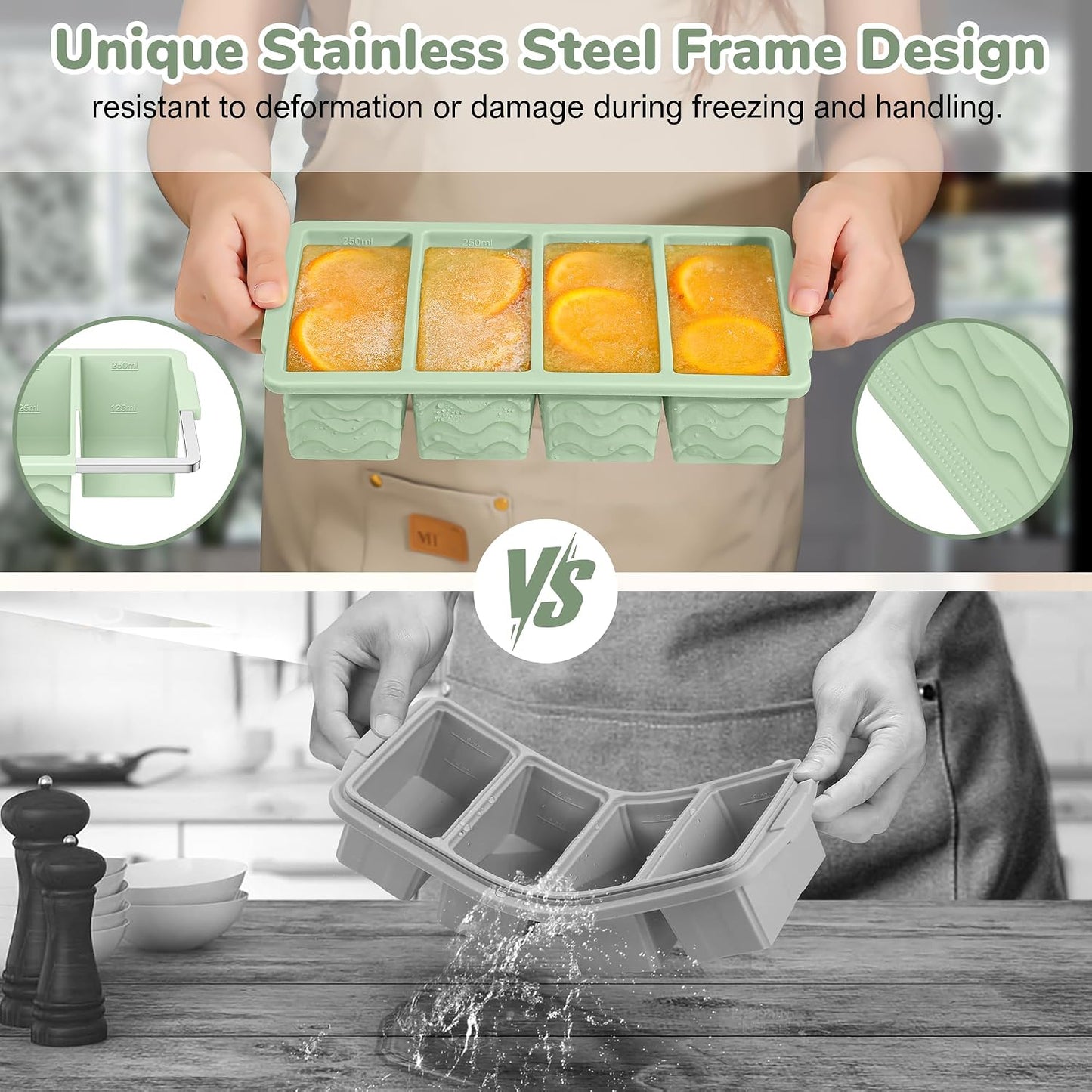 Silicone Freezer Trays with Lid (4-Pack), 1-Cup, 2-Cup, 1/2-Cup & 2-Tbsp Silicone Freezer Molds, Stackable Soup Freezer Meal Prep Containers,Ice Cube Tray for Making Sauce,Smoothies,Yogurt Bites