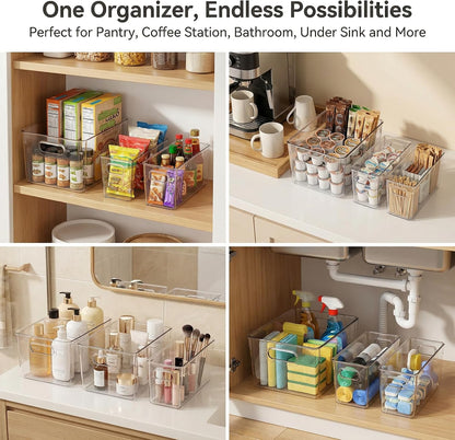 MOONEDGE 4 Pack Clear Plastic Organizer Bins, 2 Large & 2 Small Storage Set | Storage Bins for Pantry, Space-Saving Organizer Containers for Cabinets, Under-Sink, Bathroom, Kitchen, Freezer, Home Storage