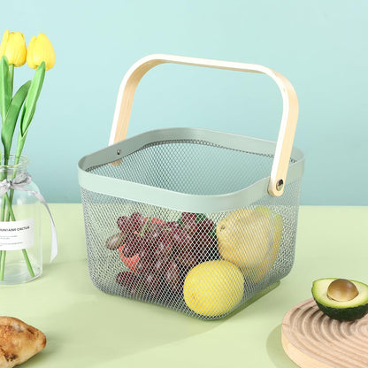 AJIODA Metal Mesh Steel Basket, Storage Organizer Basket Multi-functional Hanging Kitchen Baskets Fruit Basket Bin with Bamboo Handle for Kitchen Bathroom Picnic Shopping Decor Cabinet Home, Blue
