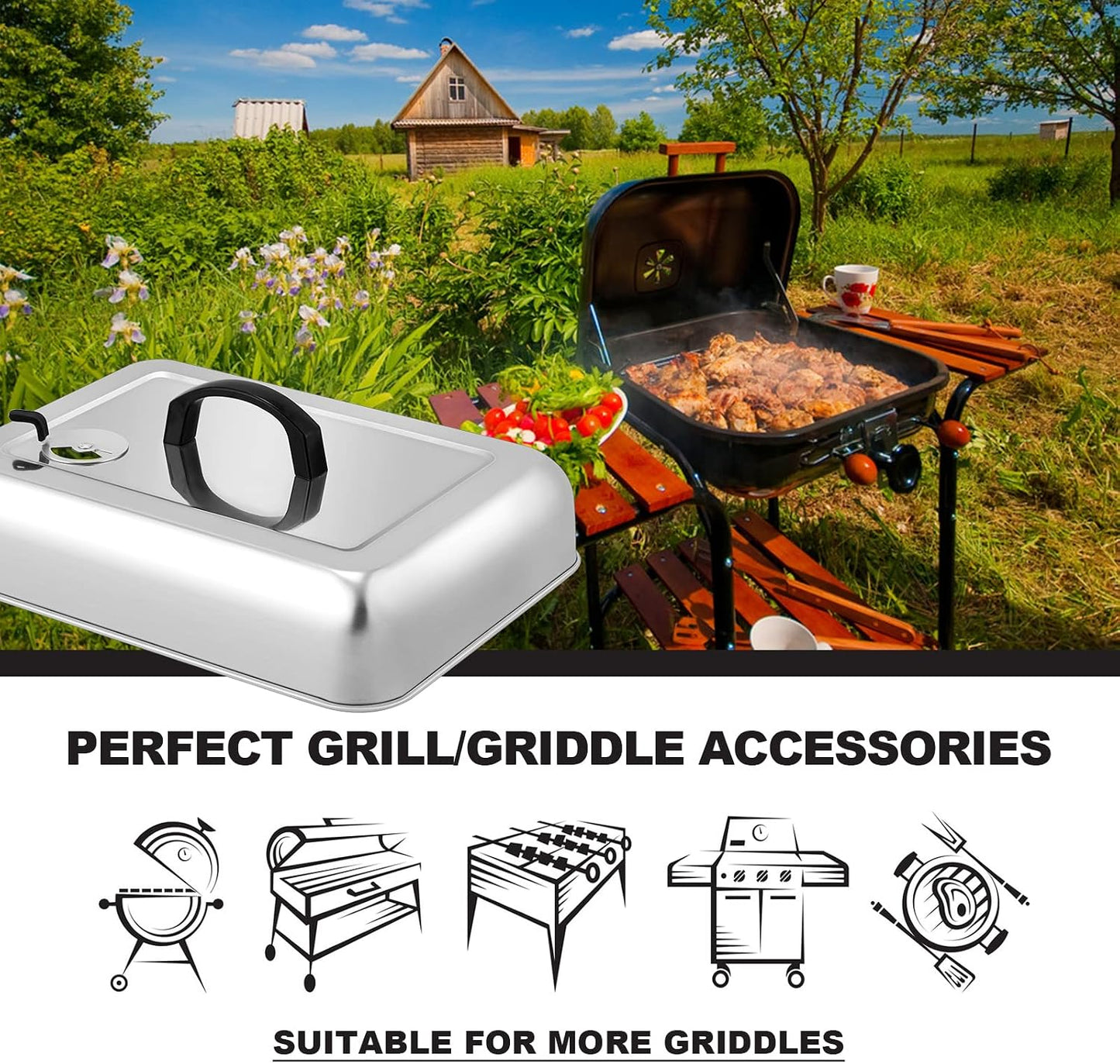 HaSteeL Rectangular Basting Cover, Stainless Steel Cheese Melting Dome Steaming Cover Lid, Heavy Duty Griddle Grill Accessories for Flat Top Teppanyaki BBQ Kitchen Indoor & Outdoor, Dishwasher Safe