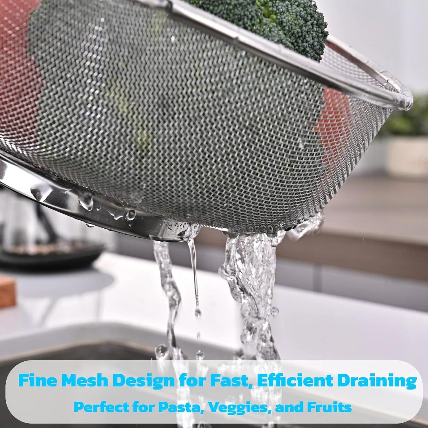 Over The Sink Colander, Stainless Steel Expandable Strainer Basket, Extendable Handles, Dishwasher Safe for Pasta Vegetables Fruits