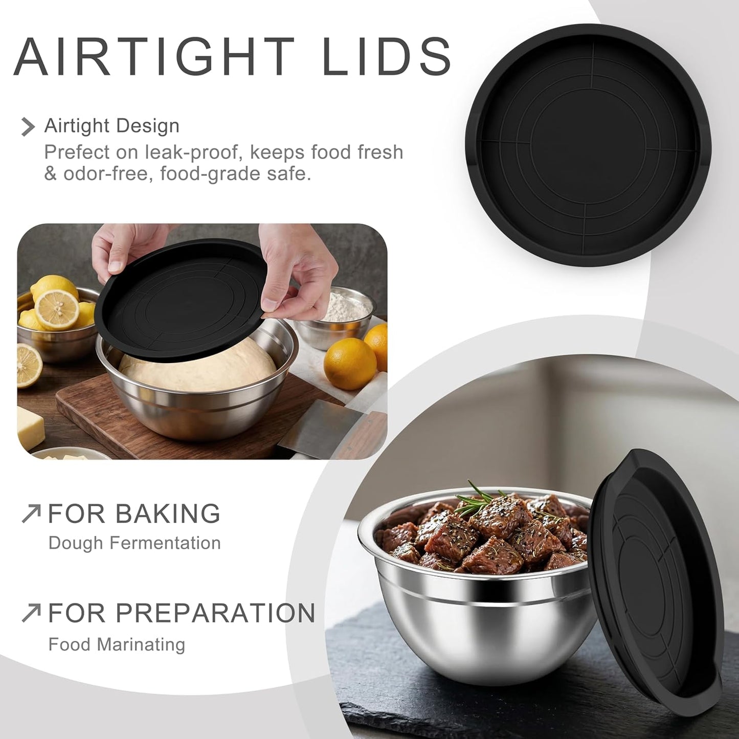 HaWare Mixing Bowls with Airtight Clear Lids, 6-Piece Stainless Steel Strong Nesting Bowls Set, Metal Salad Bowl for Cooking, Prepping, Baking, Serving & Food Storage, Size 4.6, 3, 1.5QT, Khaki
