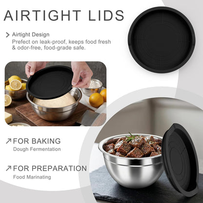 HaWare Mixing Bowls with Airtight Clear Lids, 6-Piece Stainless Steel Strong Nesting Bowls Set, Metal Salad Bowl for Cooking, Prepping, Baking, Serving & Food Storage, Size 4.6, 3, 1.5QT, Khaki