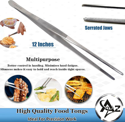 6 Inch Professional Culinary Stainless Steel Precision Tongs with Serrated Tips, Plating/Food Presentation Detailing Serving Tongs, Chef's Kitchen Tweezer Tongs - Ultra Non-Slip Grip