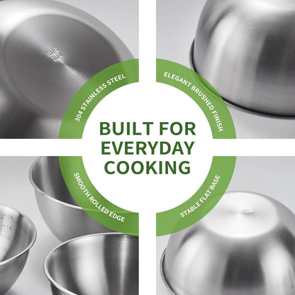 304 Stainless Steel Mixing Bowls Set of 5, 1.1/1.6/1.9/2.5/3.5 QT Food Grade Metal Bowls with Measurement Marks, Dishwasher Safe & Stackable Nesting for Baking, Salads, Meal Prep, RV & Camping