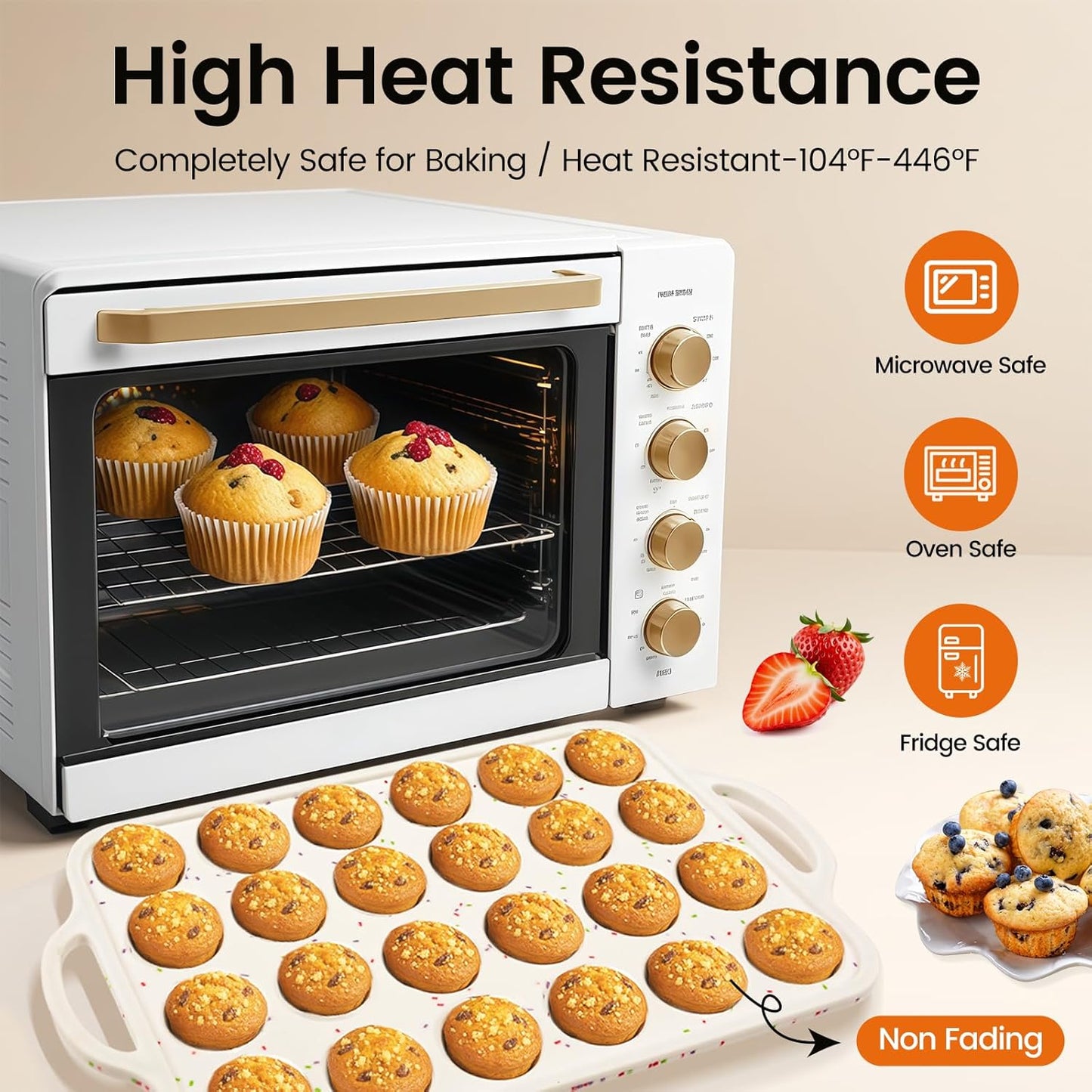 Silicone Muffin Pans With Metal Reinforced Frame - 24 Cups Durable Silicone Baking Pan for Muffins, Cupcakes, BPA Free and Dishwasher Safe - Beige with Rainbow Spots, Set of 2