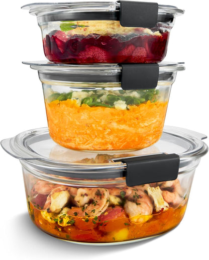 Rubbermaid Brilliance Glass Food Storage set of 4 containers 8 total pieces (4 containers + 4 lids) for Lunch Meal Prep and Leftovers Dishwasher and Oven Safe Clear/Grey