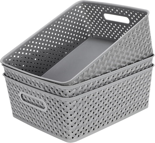 MaxGear 3 Pack Plastic Storage Baskets, Large, Grey | Durable Woven Plastic with Built-In Handles, Suitable for Shelves, Closets, Cabinets, Bathrooms and Offices