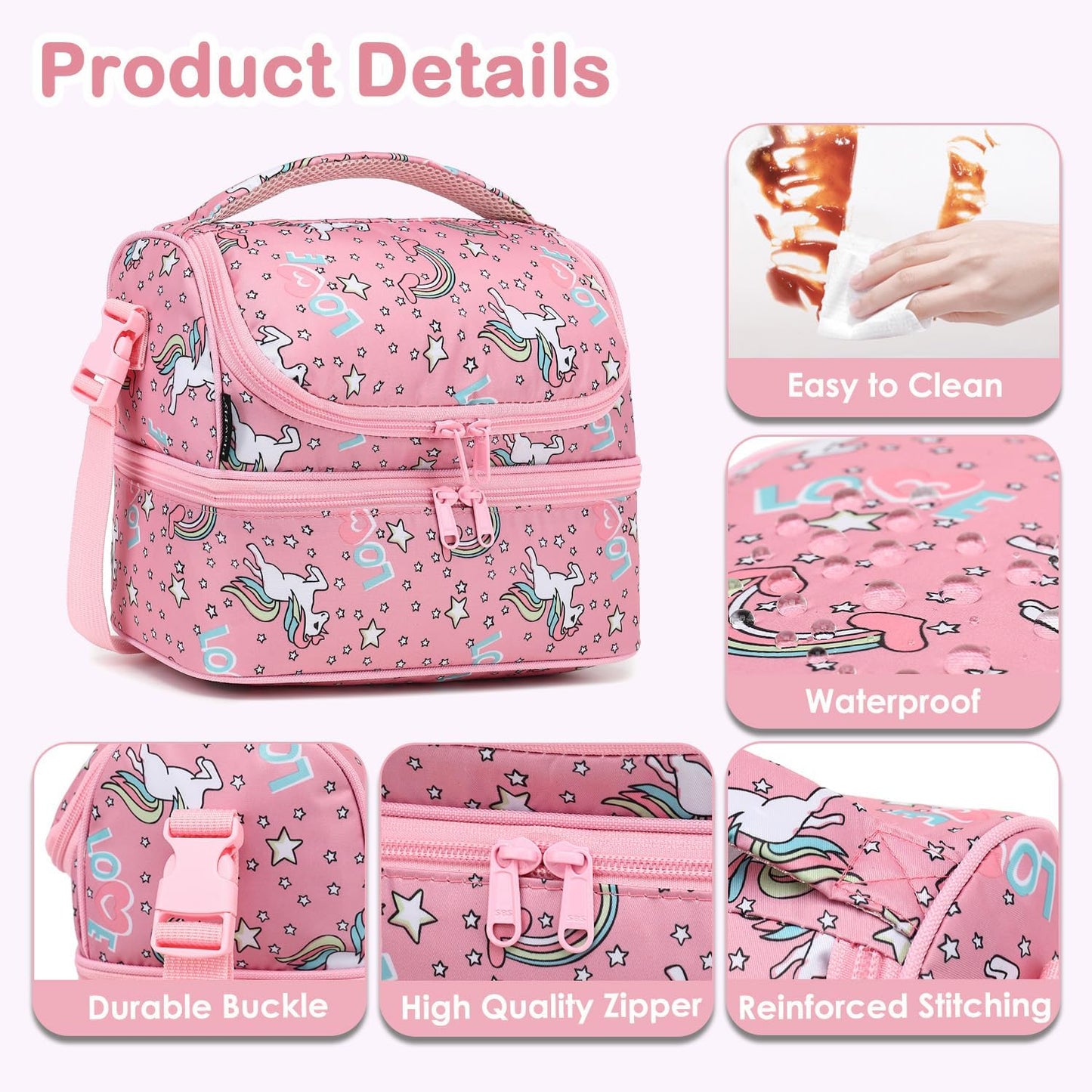 FlowFly Kids Double Decker Cooler Insulated Lunch Bag Large Tote for Boys, Girls, Men, Women, With Adjustable Strap, Unicorn