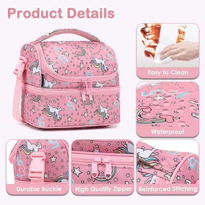 FlowFly Kids Double Decker Cooler Insulated Lunch Bag Large Tote for Boys, Girls, Men, Women, With Adjustable Strap, Unicorn