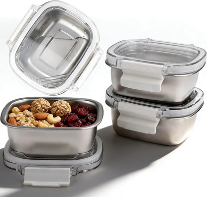 3 Pack Stainless Steel Reusable Snack Containers with Lids - 8.45 oz Small Metal Snack & Lunch Food Boxes, Shatterproof Leakproof Freezer Safe Meal Prep Containers for Portioning Snacks, Dips