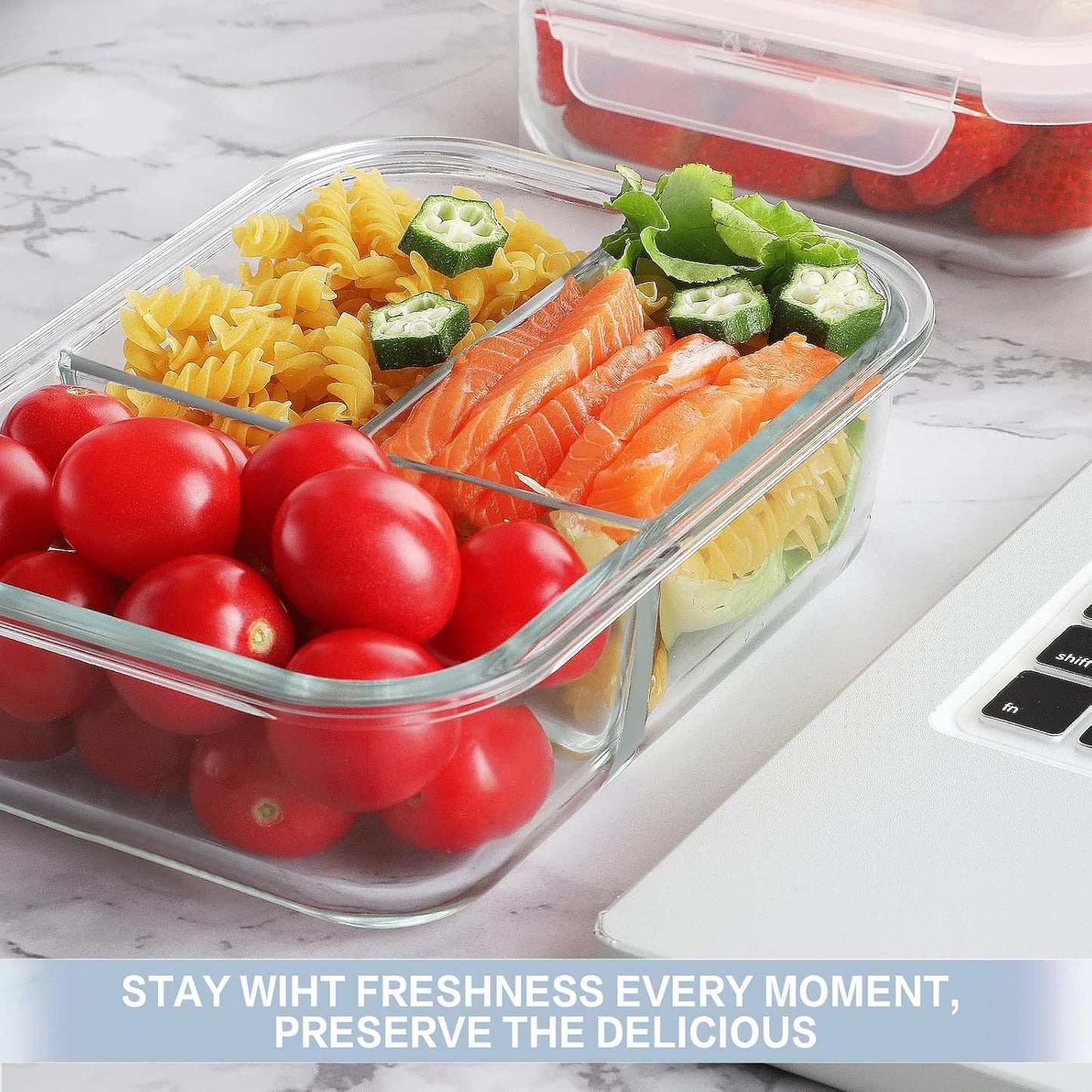 Bayco 8 Pack Glass Meal Prep Containers 3 Compartment, Glass Food Storage Containers with Lids, Airtight Lunch Bento Boxes, Leak Proof (8 lids & 8 Container) - Grey