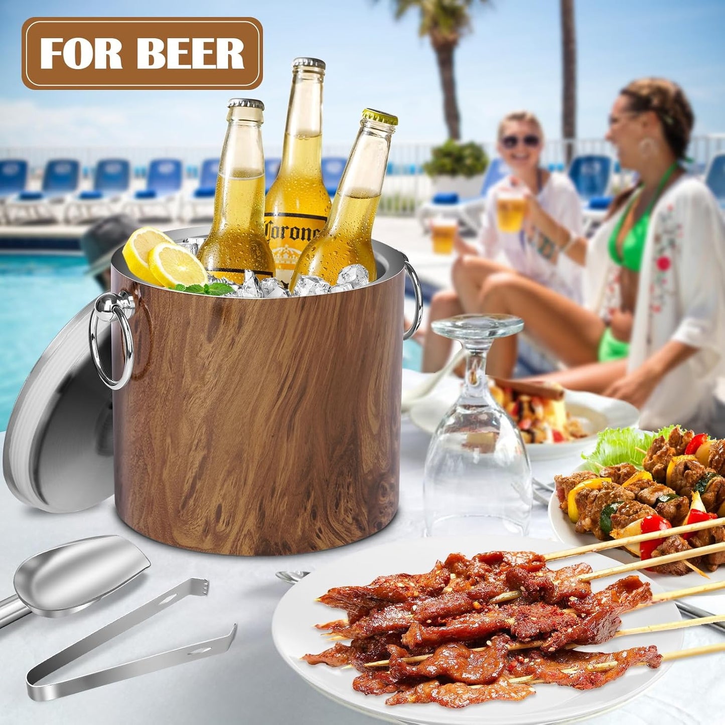 Ice Bucket with Lid & Tong- Well Made Insulated Stainless Steel Keep Ice Frozen Longer - Ideal for Cocktail Bar, Parties, Chilling Wine, Champagne - 3 Liter (Black)