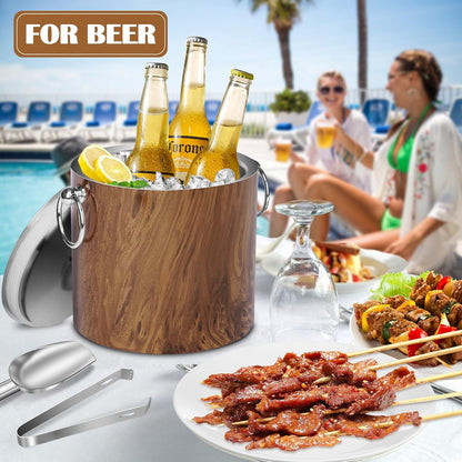 Ice Bucket with Lid & Tong- Well Made Insulated Stainless Steel Keep Ice Frozen Longer - Ideal for Cocktail Bar, Parties, Chilling Wine, Champagne - 3 Liter (Black)