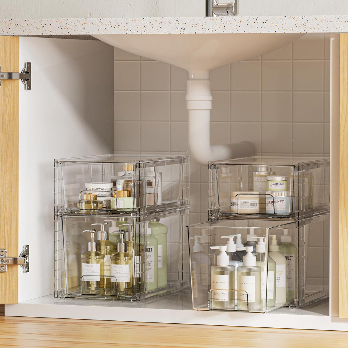 Vtopmart 4 Pack Clear Stackable Storage Drawers,Under Sink and Kitchen Organizers Storage,Easy to Assemble Plastic Drawers for Baby Bottle,Medicine, Bathroom,Cabinet and Pantry Organization