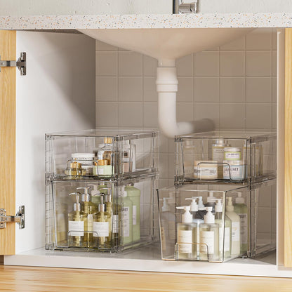 Vtopmart 4 Pack Clear Stackable Storage Drawers,Under Sink and Kitchen Organizers Storage,Easy to Assemble Plastic Drawers for Baby Bottle,Medicine, Bathroom,Cabinet and Pantry Organization