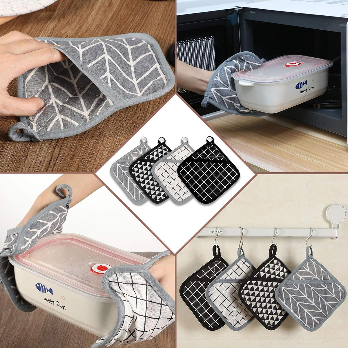 Patelai 7 Pcs Kitchen Pot Holders and Heat Resistant Pocket Mitt with Hanging Loop Washable Square Hot Pot Holder Round Woven Hot Pads for Kitchen Cooking Dinning Baking, Black, White and Gray