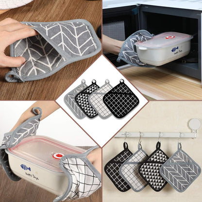 Patelai 7 Pcs Kitchen Pot Holders and Heat Resistant Pocket Mitt with Hanging Loop Washable Square Hot Pot Holder Round Woven Hot Pads for Kitchen Cooking Dinning Baking, Black, White and Gray