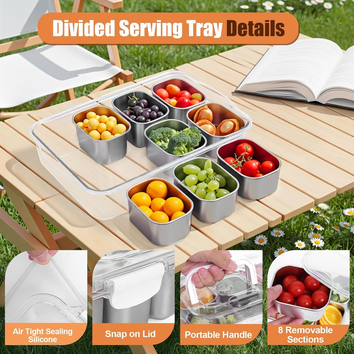 Portable Snackle Box Container with Ice Pack,Snack Container Divided Serving Tray Insulated Bag, Cooling Travel Snacklebox with Lid & Handle,8 Compartment Chilled Serving Tray for Beach,Outdoor,Picnic