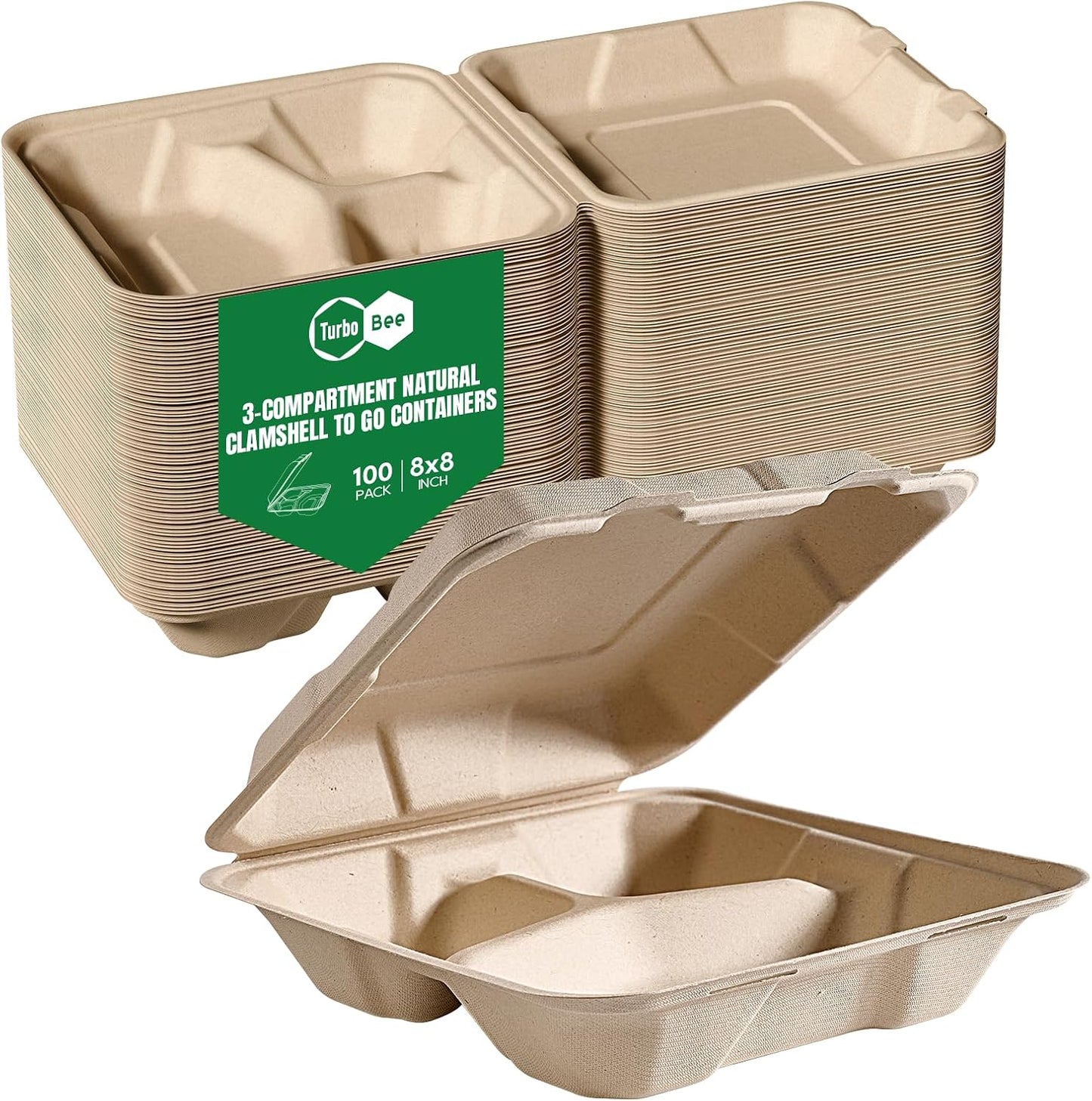 Turbo Bee 100 Pack 8x8inch White 3 Compartment Take Out Containers with Lids, Disposable Clamshell Meal Prep Containers, Divided Lunch Boxes for Catering, Restaurant & Meal Prep