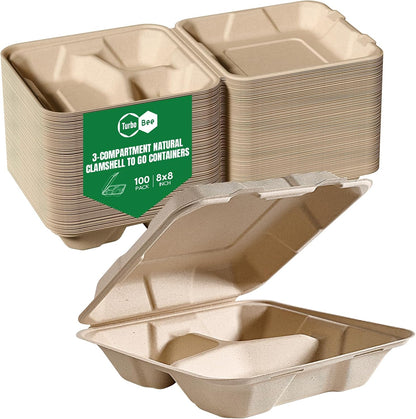 Turbo Bee 100 Pack 8x8inch White 3 Compartment Take Out Containers with Lids, Disposable Clamshell Meal Prep Containers, Divided Lunch Boxes for Catering, Restaurant & Meal Prep