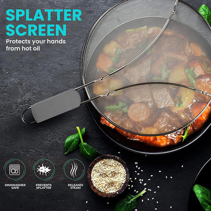 13" Grease Splatter Screen for Cooking | Stainless Steel Oil Splatter Guard and Ultra-Fine Mesh Protects Skin from Burns | TPR Tight-Grip Handle (Black)